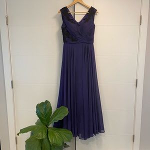 Formal purple dress with lace appliqué